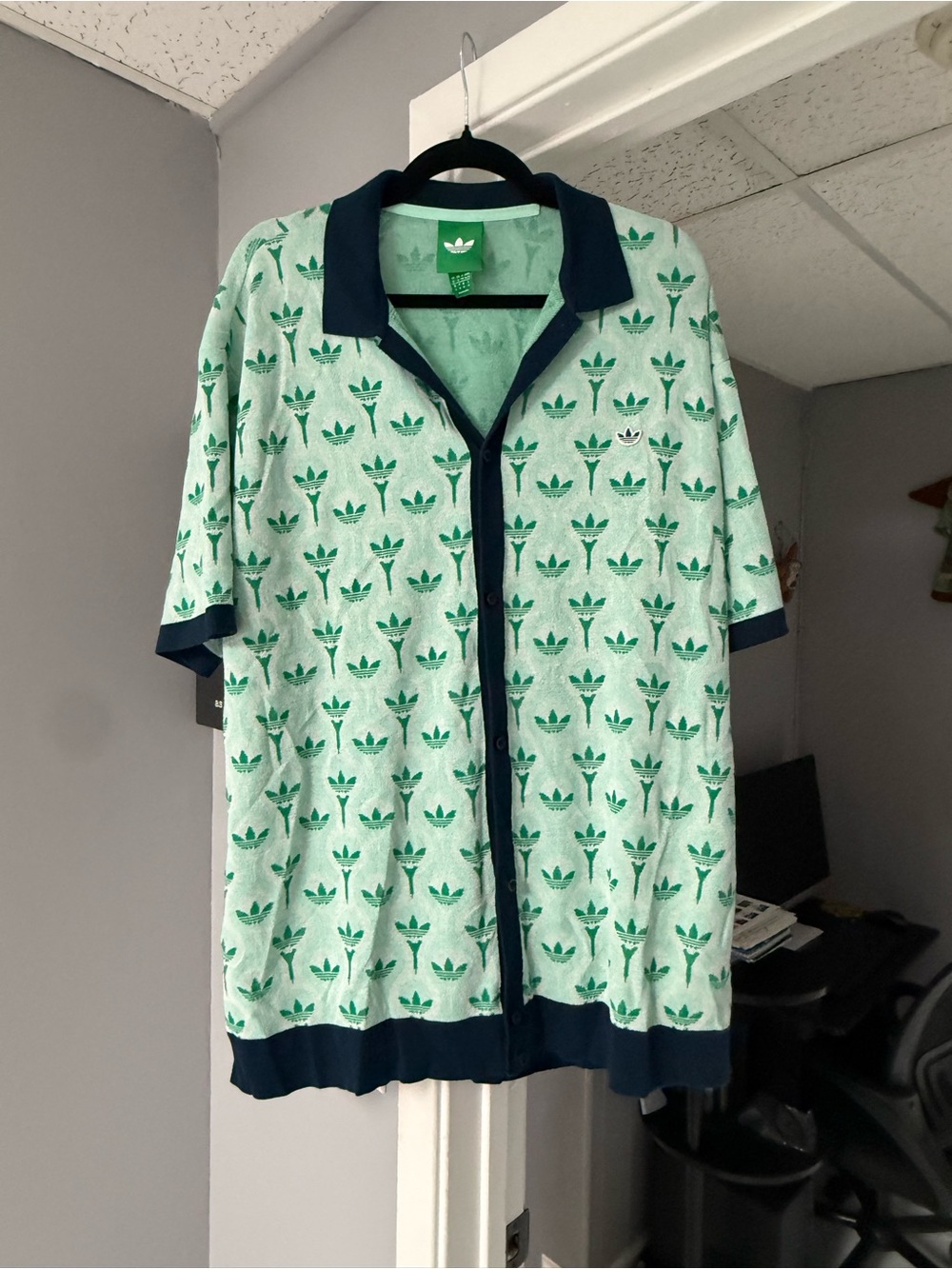 adidas Mint and Navy Trefoil Button Terry cloth shirt